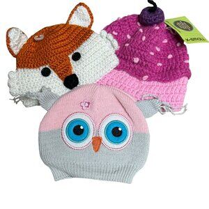 Set of 3 Kids Beanie Hats - Owl, Fox, and Cupcake Theme, Knit‎ and Crochet